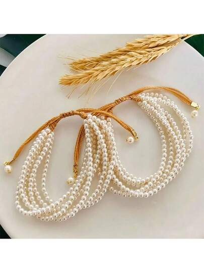 1pc 6-Layer Faux Pearl Bracelet, Multilayer Beaded Adjustable Bracelet, Fashionable Accessory For... | SHEIN