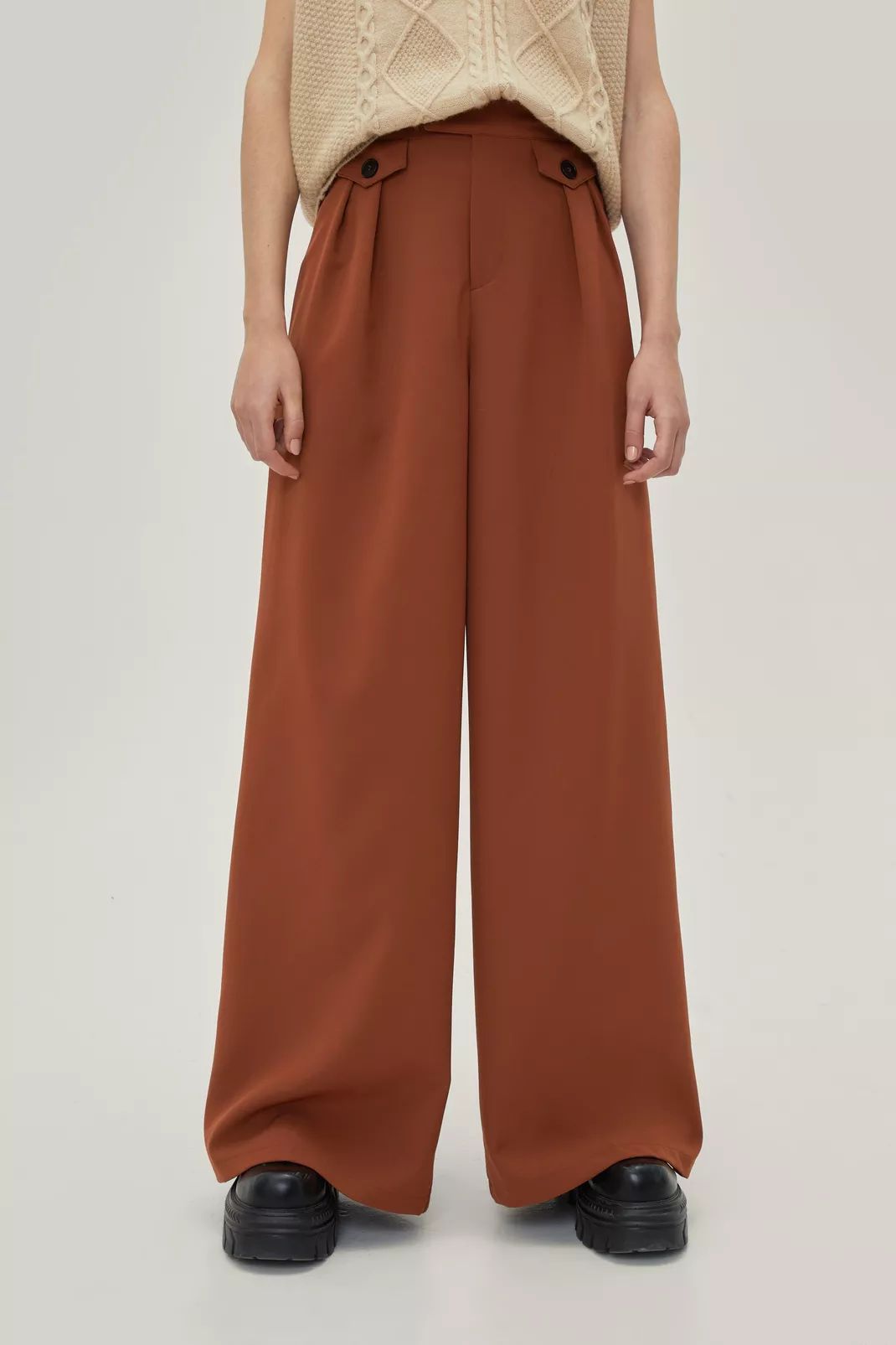 Pleated Button Detail Tailored Wide Leg Pants | Nasty Gal (US)