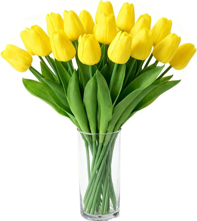 Yellow Faux Tulips Real Touch (20 Pcs) - 13.5 Inch Premium PU Artificial Flowers for Valentine's ... | Amazon (US)