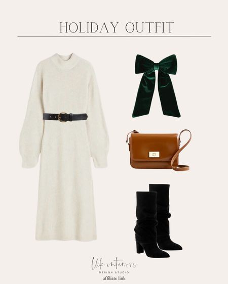 Winter outfit. White sweater vest. Black leather belt. Green velvet hair bow. Leather purse. Black suede boots. Classic holiday outfit  

#LTKworkwear #LTKstyletip #LTKSeasonal