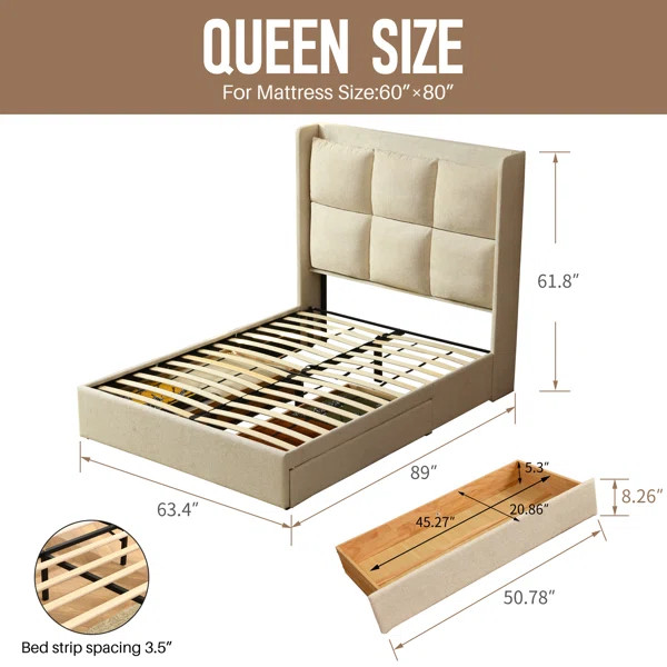 Upholstered Wingback Platform Bed with 2 Under-Bed Storage Drawers, High Grid-Tufted Headboard, N... | Wayfair North America