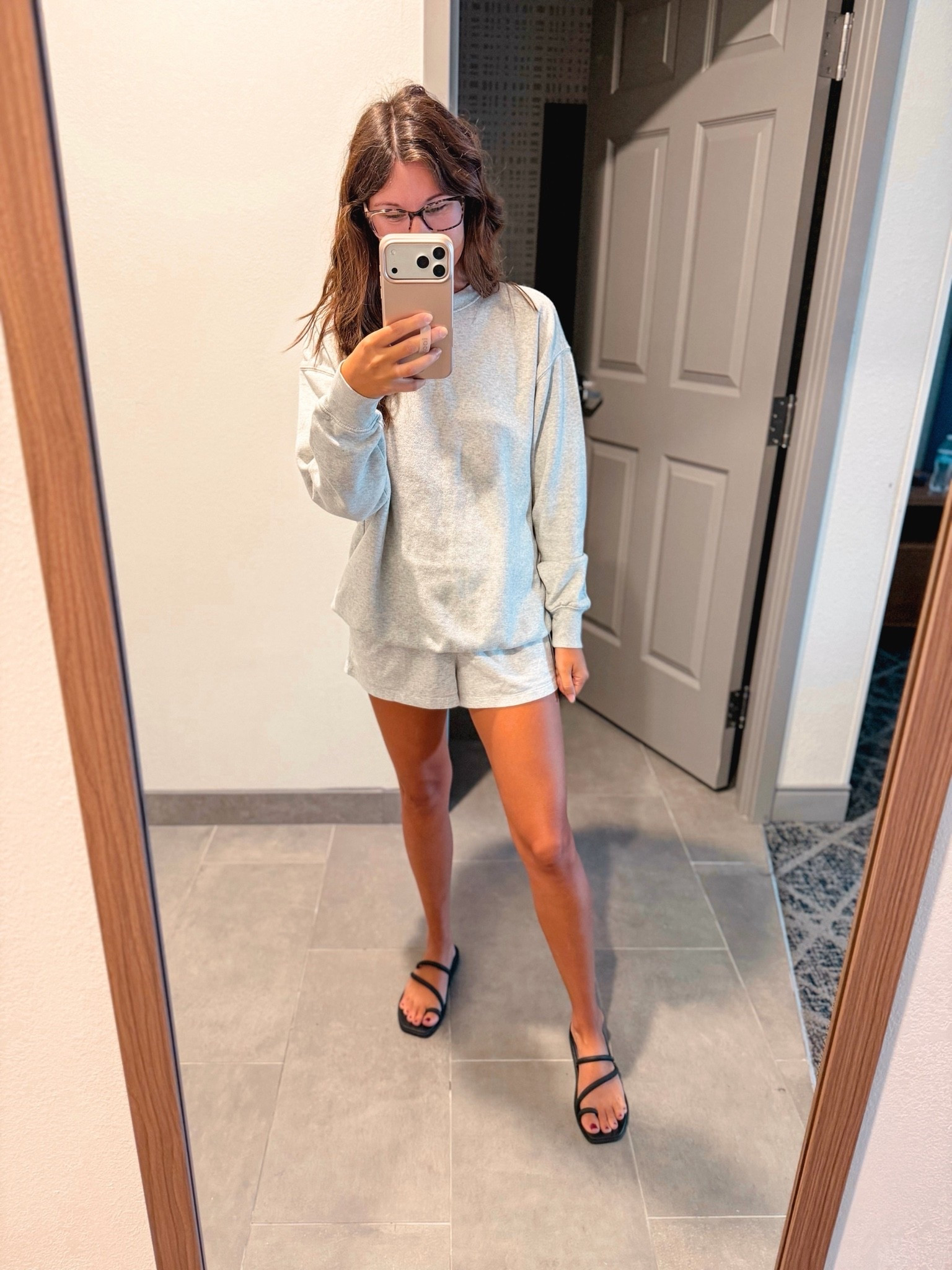 xs in my sweatshirt and pj set (shorts/pjs are selling out so linked similar). Sandals are size 6!