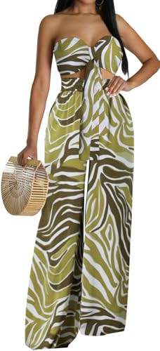 sexycherry Casual Two Piece Outfits for Women Vacation Sexy Off Shoulder Tube Top Long Straight Pants Cover Ups Beachwear Sets with Pockets Belt(Small) | Amazon (US)