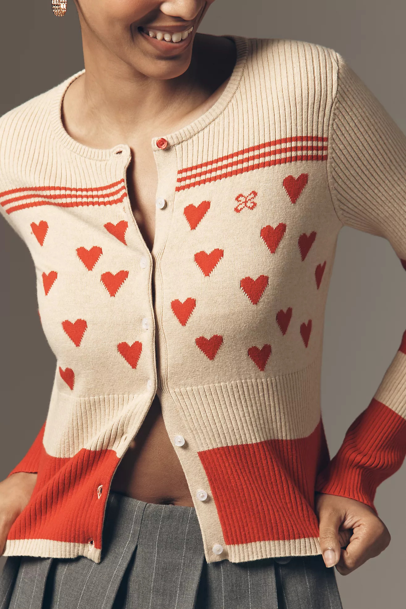 Maeve Sweetheart Ribbed Long-Sleeve Crew-Neck Cardigan Sweater | Anthropologie (US)