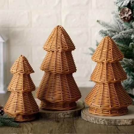 3 Pcs Morden Christmas Decor Woven Christmas Cone Tree Neutral Rattan Xmas Tabletop Centerpiece Ornaments for Mantel Fireplace Home Tiered Tray Holiday Party Decor, 3 Sizes(Burlywood) | Walmart (US)