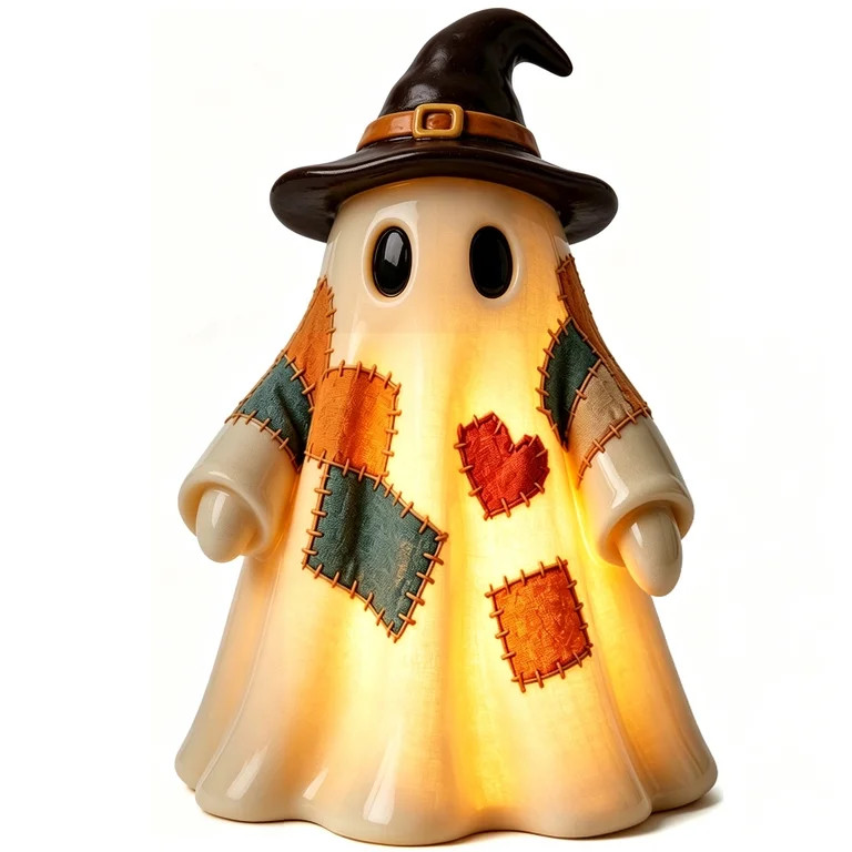 Vintage Patchwork Ghost Night Light with Witch Hat Soft LED Glowing Resin Figurine, Tabletop Lamp... | Walmart (US)
