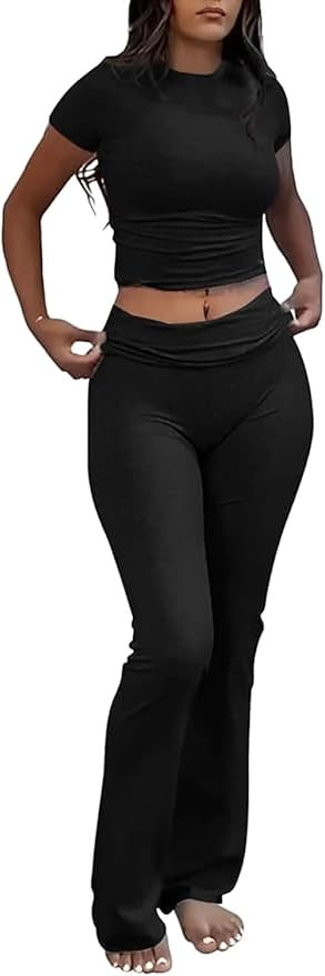 Women's 2 Piece Lounge Outfits Slim Short Sleeve Tops Low Rise Flare Leggings Sets Yoga Sweatsuit | Amazon (US)