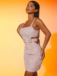 SHEIN 1pc Cut Out Belted Plaid Tweed Cami Dress | SHEIN