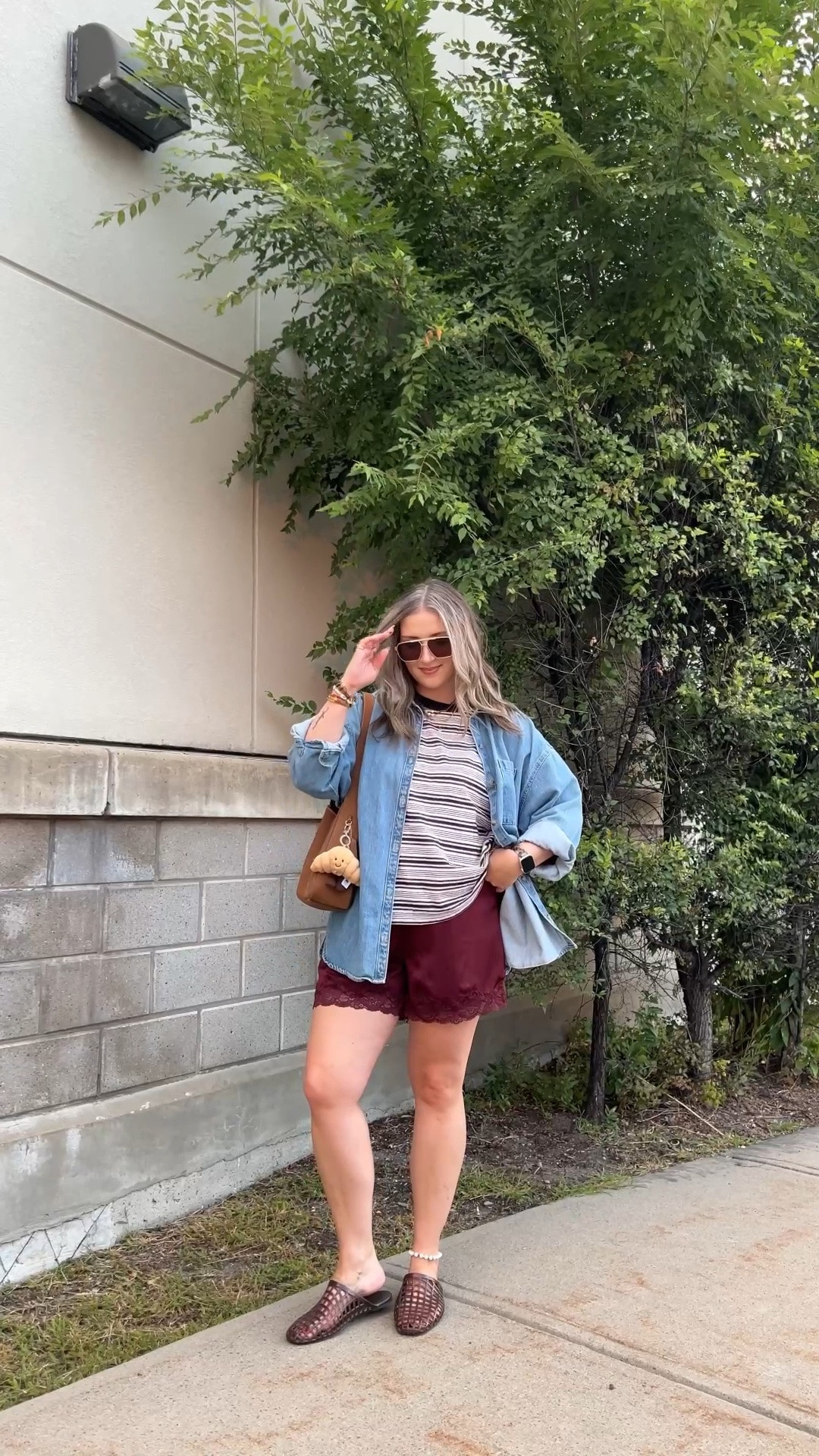 Fall transition outfit! Wearing L in the striped tee, M in satin lace shorts, L in the denim shirt. I’m a 9.5-10 shoe and wear a 10 in the jelly shoes. Canadian denim shirt & shoes link under “similar products”

#LTKfall #LTKsale #LTKmidsize
