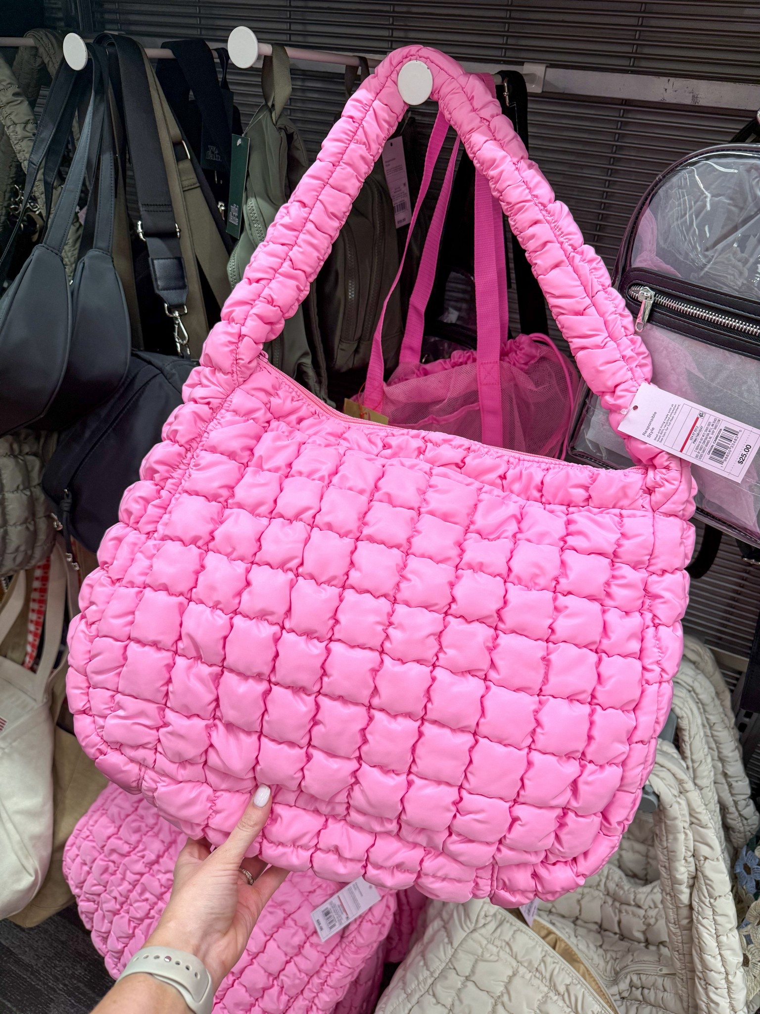 I get compliments on my light pink bag ALL the time and sadly it’s sold out but I just saw in store that they have this hot pink now 😍 $25!!! 

#LTKItBag #LTKFindsUnder50