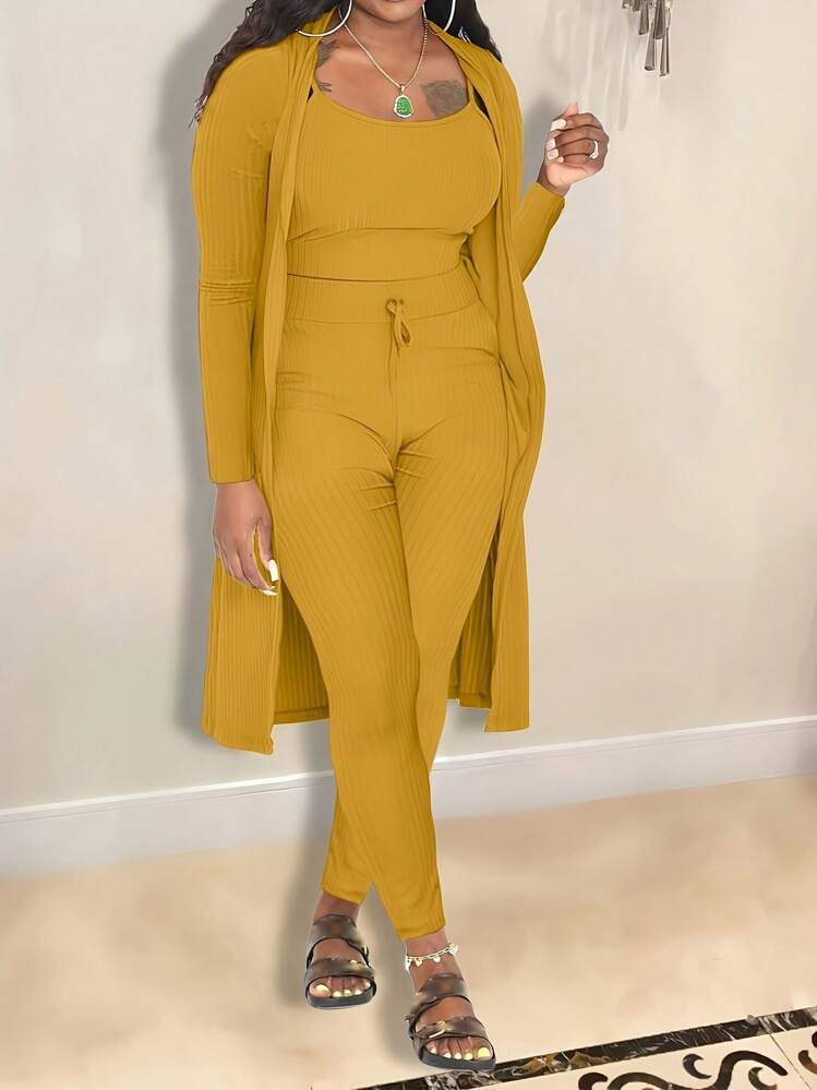 Casual Ribbed 3-Piece Set, Crop Top+High Waisted Drawstring Pants+Long Cardigan, Women's Clothing | SHEIN