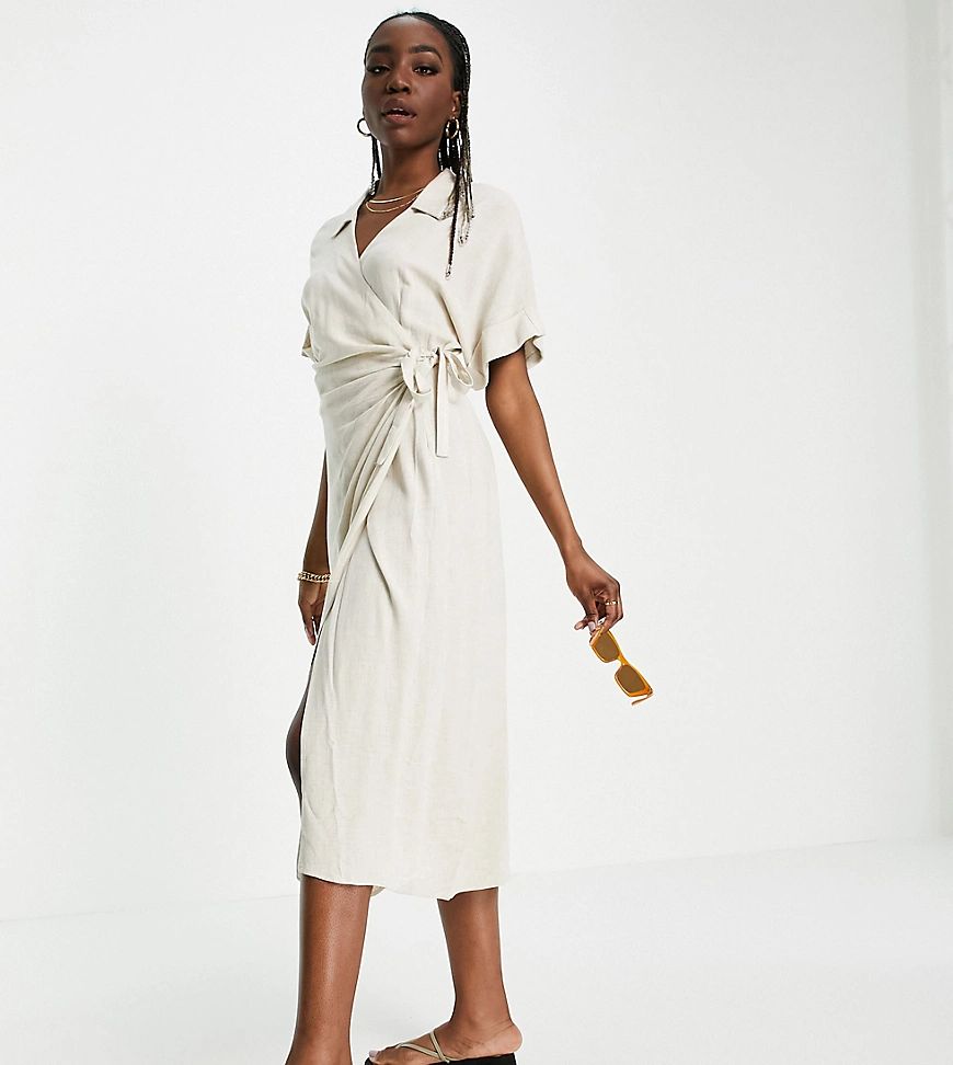 ASOS DESIGN Tall linen wrap midi dress in natural-White | ASOS (Global)
