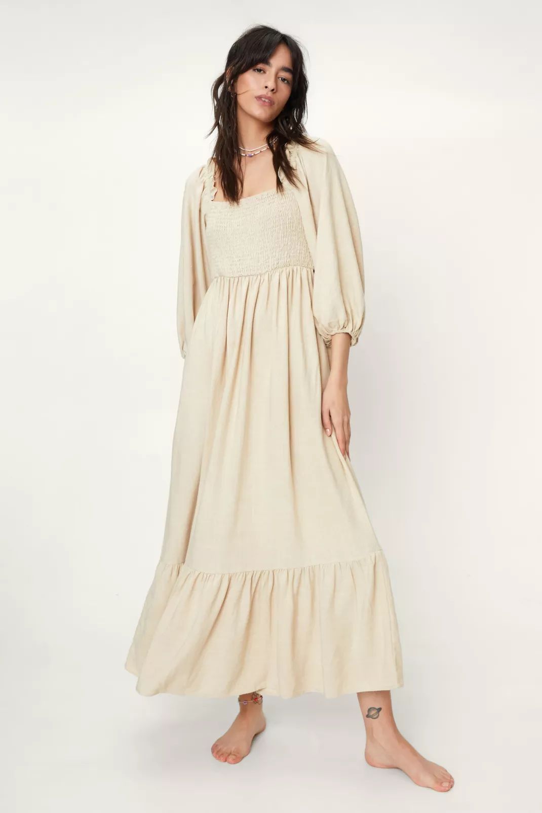 Linen Shirred Detail Tiered Midi Dress | NastyGal (UK, IE)
