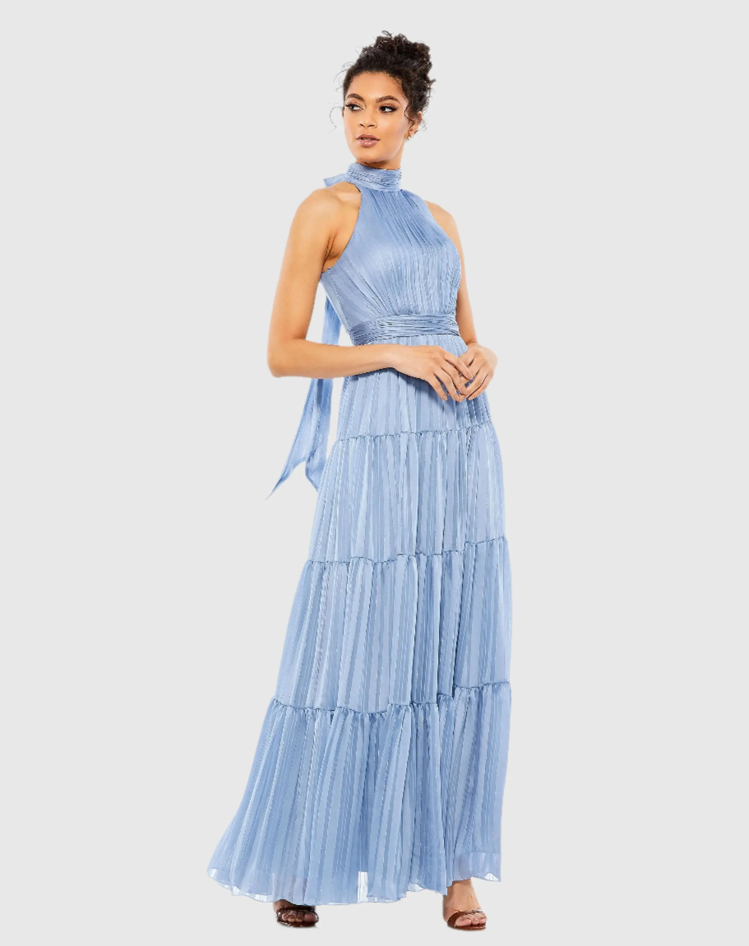 Mac Duggal - Blue Tie Neck Tiered Halter Gown - Slate Blue / US 14 | Mac Duggal