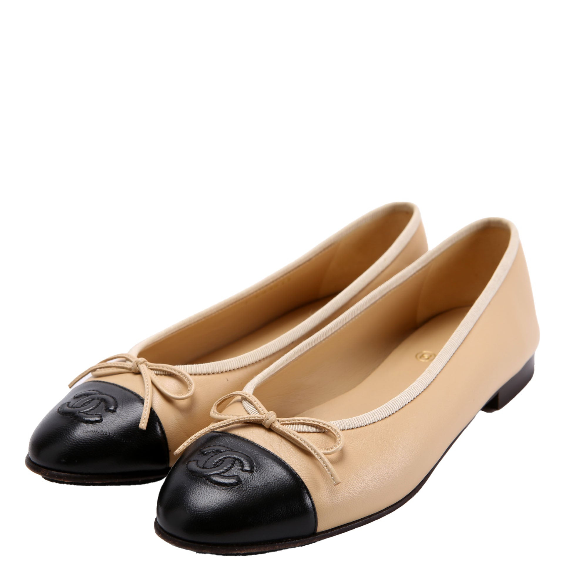 Cap Toe Ballet Flats Size 37.5 Tan/Black | Keeks Designer Handbags