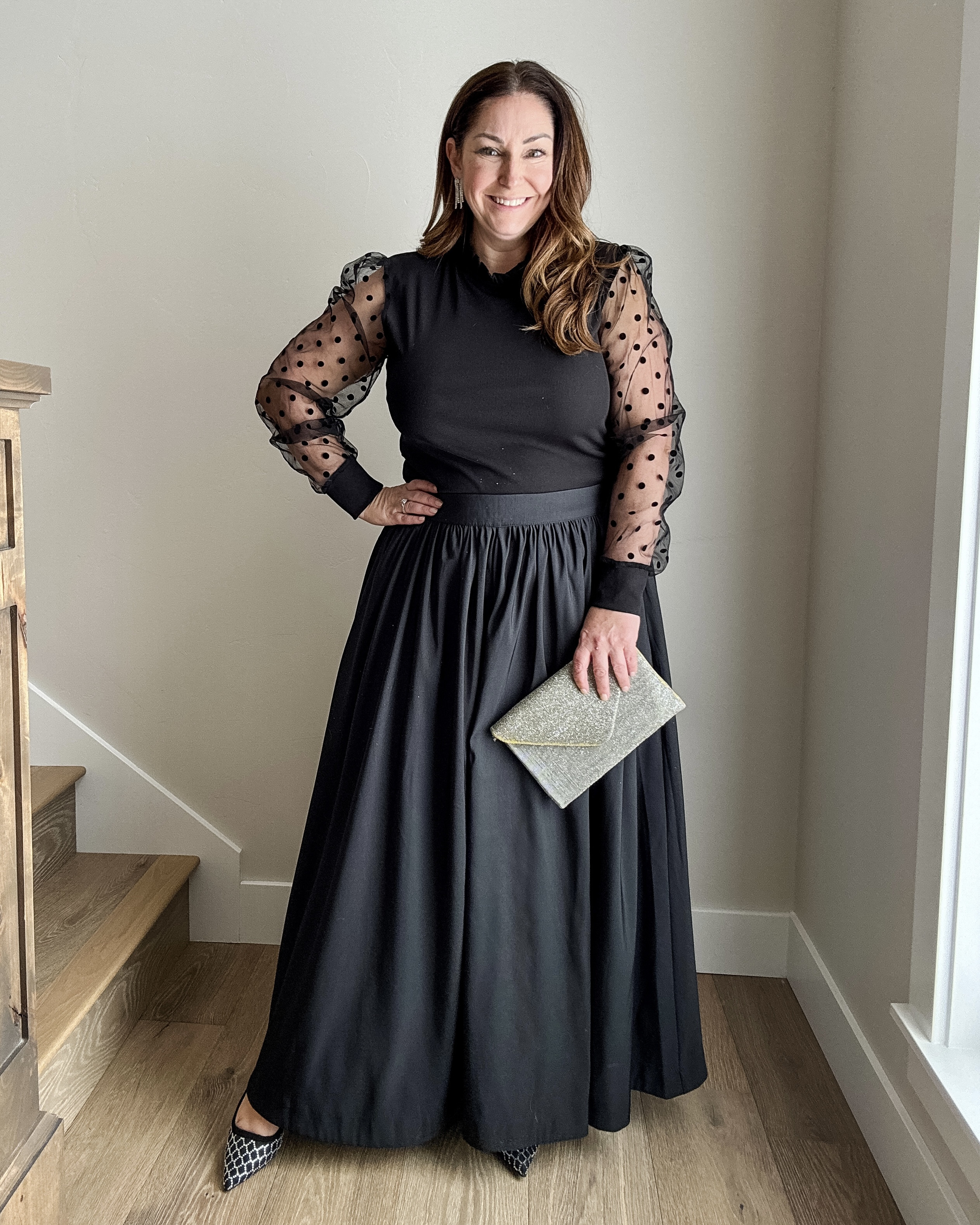 Midsize Black Holiday Party Puff Sleeve Top and Maxi Skirt Look // Fit tips: Tops tts, L / Skirt tts, L // targetfashion, amazonfashion, Christmas party, new years, black dress, embellished, rhinestone, dressy look 

 

#LTKHoliday #LTKOver40 #LTKMidsize