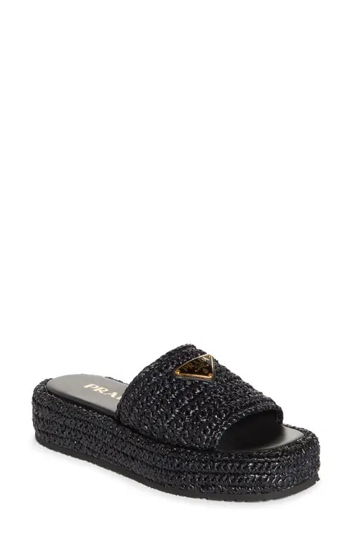 Prada Raffia Flatform Slide Sandal in Black at Nordstrom, Size 10Us | Nordstrom