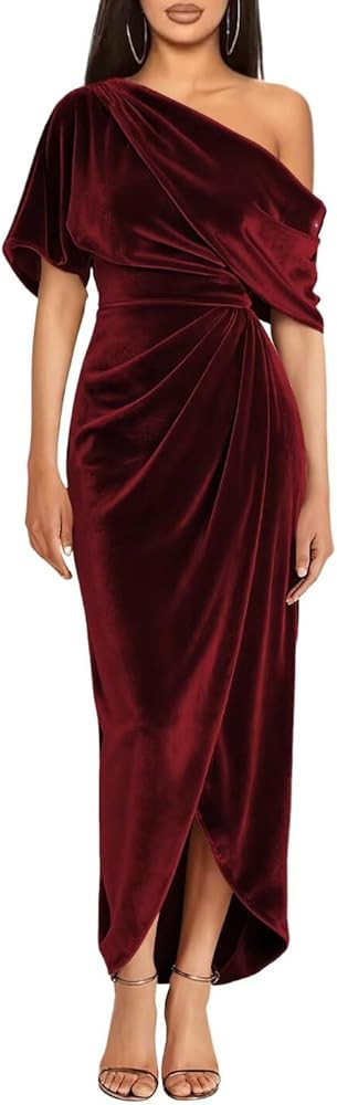 Velvet One Shoulder Bridesmaid Dress 2026 with Slit Maxi Formal Evening Dress YY006 | Amazon (US)