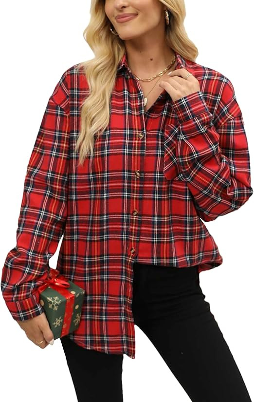 Lumister Oversized Flannel Shirt Women Long Sleeve Plaid Button Buffalo Shirt Blouse Tops with On... | Amazon (US)