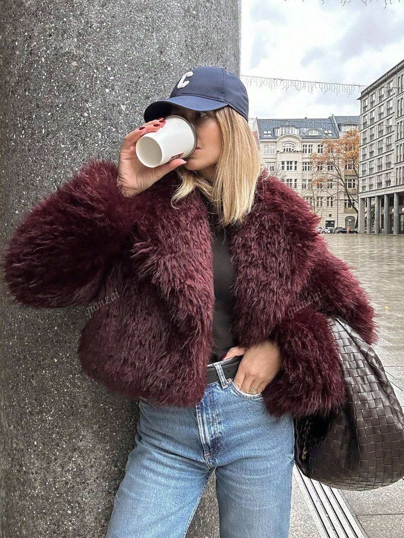 TrendsWomen Fashion Cropped Faux Fur Jacket Coat Long Sleeve Front Snap-Button Female Outerwear Chic Lapel Collar Thick Coat | SHEIN