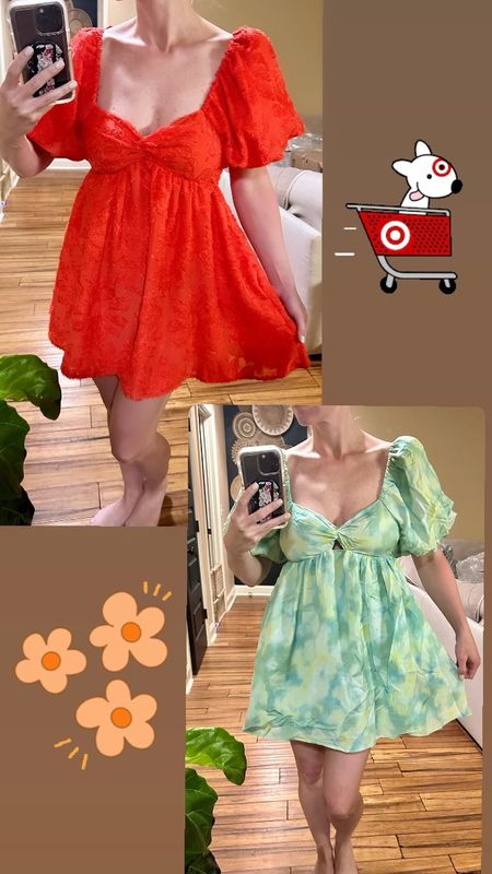 The cutest puff sleeve spring dresses from @target and they are on sale! I waited a month for these two dresses to come out and quickly jumped on them, ordering size s and m because I wasn’t sure which would fit best and didn’t want to risk my size being sold out. And, y’all, first I want to say that the listed length is definitely not accurate - I’m 5’8” and I would say these maybe hit at 33-34 for length, not 38 as stated on the website. I definitely went with the size m because of the tiny bust - for reference, I am a 34ddd (f) so I always get a little nervous when it comes to the bust size and the medium barely covers, so fyi for my bustier friends. Luckily, the medium still fit fine through the waist (size 4-6, 27 waist) so I would base your size off the bust, kind of the way you would with the very similar “puff-brand” that this is a dupe of. For $27 (1/10th the price of the dupe) it’s a great deal! I especially love the fabric of the orange and feel like it will be less dangerous in windy conditions - the tie-dye will need some shorts for Disney days. So you can do your own comparisons, I’m including the very famous puff dresses which I also adore and have several of! There’s no wrong choice here and I love the variety! 
🫶🏰🌸

#LTKsalealert #LTKFind #LTKunder50