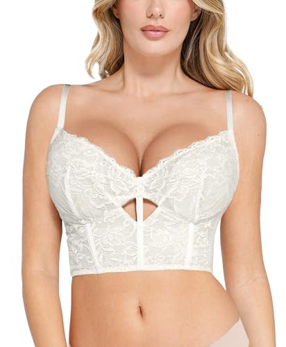 Popilush White Corset Tops for Women Big Bust Lace Bralette Deep V Neck Bustier Corsets Top Going Out Outfits | Amazon (US)
