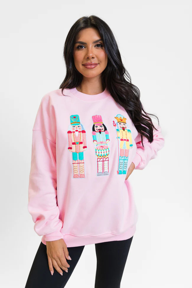 Nutcrackers Chenille Patch Light Pink Oversized Graphic Sweatshirt | Pink Lily