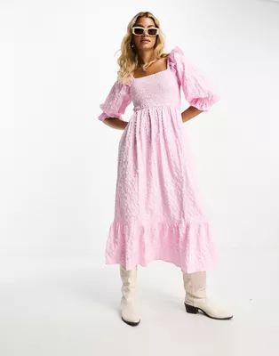 Miss Selfridge textured shirred frill shoulder midi dress in pink | ASOS (Global)