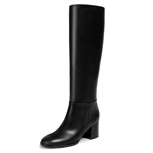 Black Knee High Boots Women Chunky Heel Round Toe Tall Boots for Women Fashion Fall Leather Long Boots with Side Zip | Amazon (US)