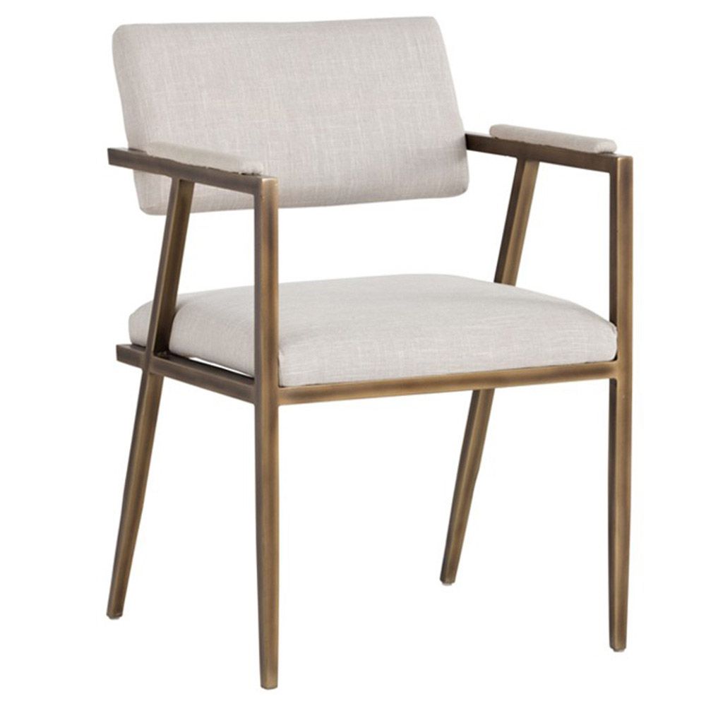 Sunpan Ventouz Mid Century Beige Upholstered Rustic Bronze Steel Dining Arm Chair | Kathy Kuo Home
