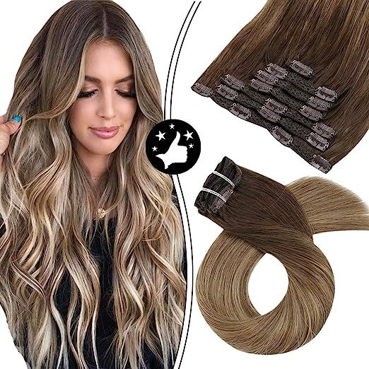 Moresoo 24 Inch Clip in Hair Extensions Remy Double Weft Hair Clip on Real Hair Balayage Color #4... | Amazon (US)
