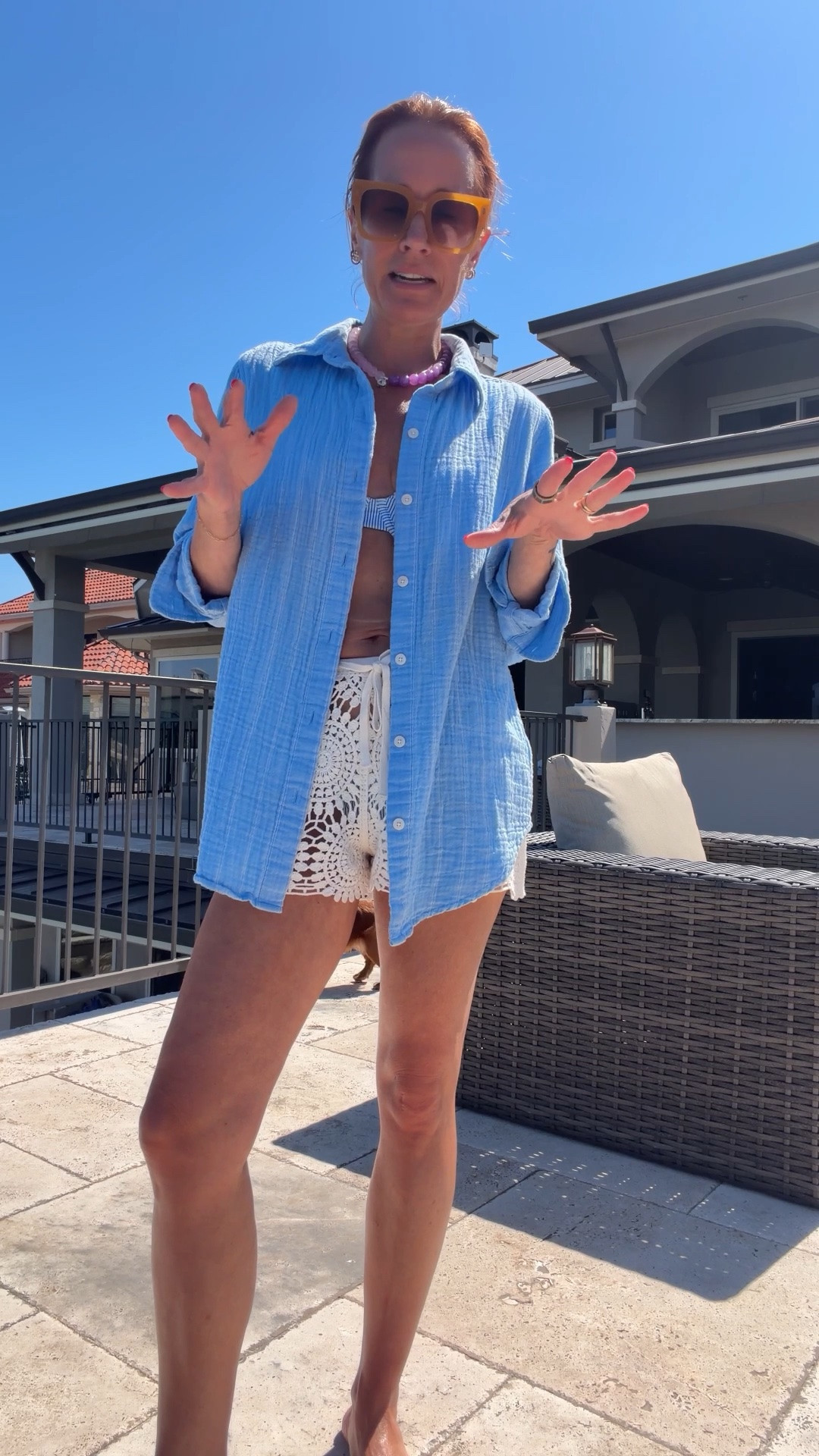 Lake day outfit but make it chic 🤍 Most of this swim look is on sale right now and these are the kind of easy summer pieces I reach for over and over. Lightweight button down, crochet shorts, striped bikini, oversized sunnies… all giving “effortless but still pulled together.” Linking everything before sizes/colors sell out.

summer swim outfit, chic poolside outfit, lake weekend style, crochet shorts outfit, striped bikini, lightweight coverup shirt, resort wear, vacation outfit ideas, affordable swimwear, summer fashion finds, pool day outfit, beach vacation style, elevated casual summer outfits

#LTKootd #LTKSwim #LTKSaleAlert