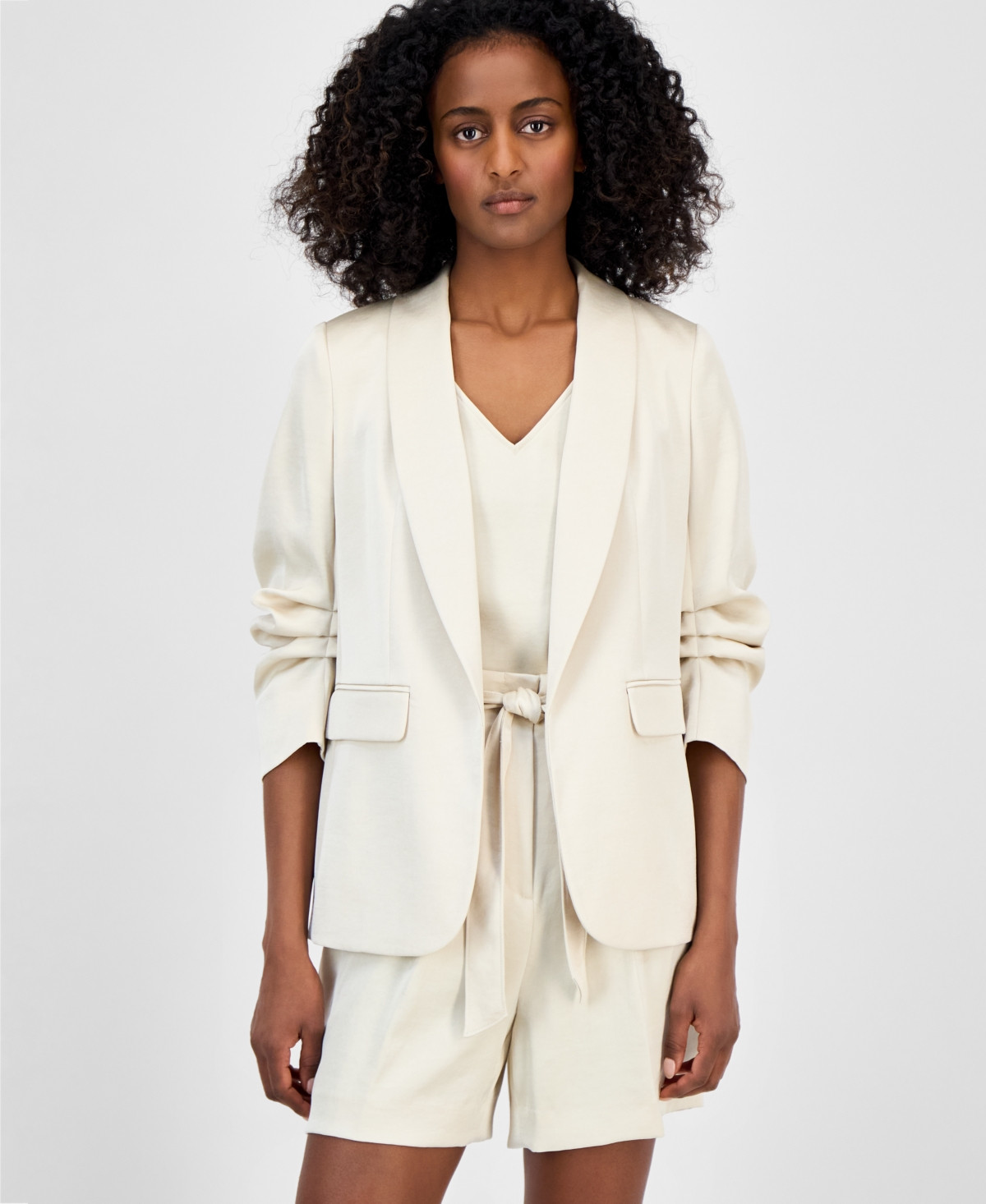 Anne Klein Women's Open-Front Scrunch-Sleeve Blazer - Lt Parchment | Macy's