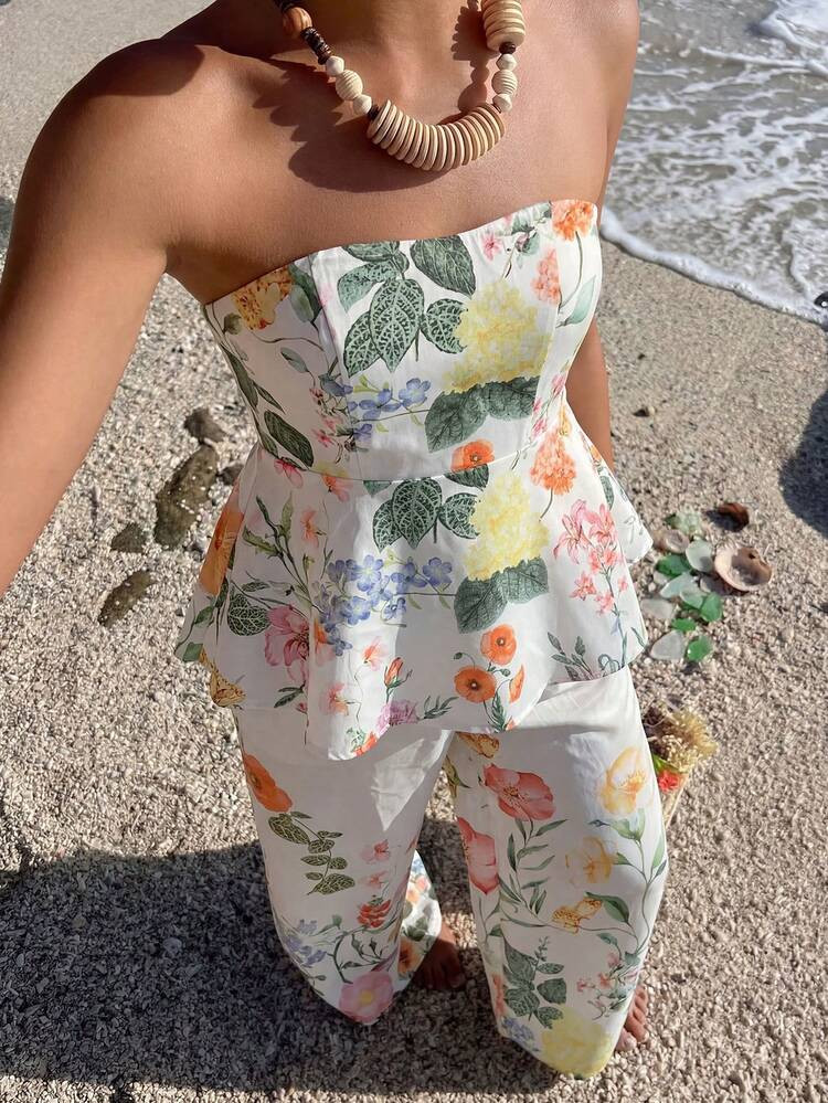 Conjunto De 2 Piezas De Top Halter Con Estampado Floral Elegante Y Pantalones Anchos De Cintura Alta, Conjunto Casual Romántico Y Bohemio Chic Para Vacaciones En La Playa | SHEIN
