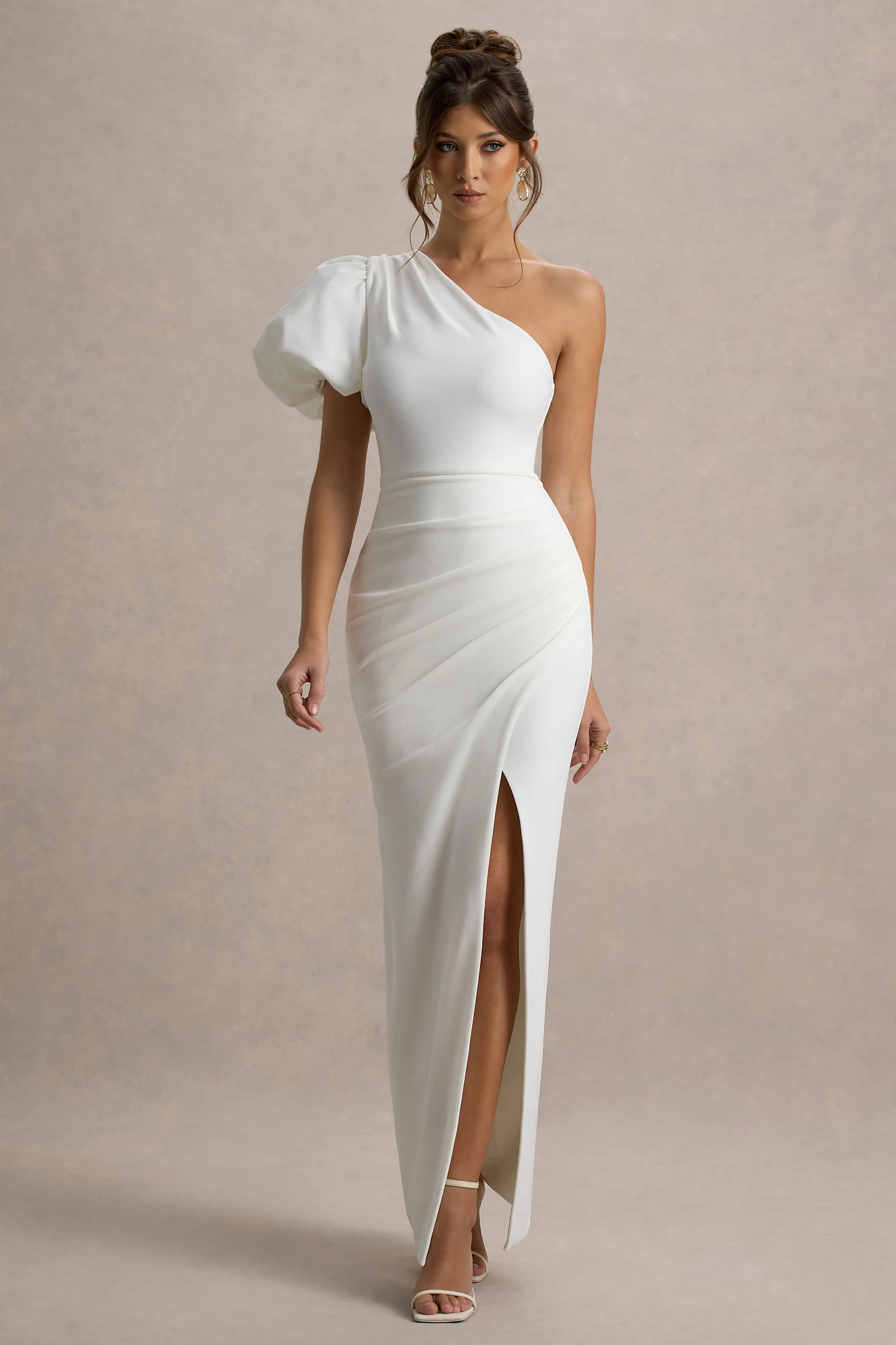Vittoria  White Asymmetric Puff-Sleeve Split Maxi Dress | Club L London