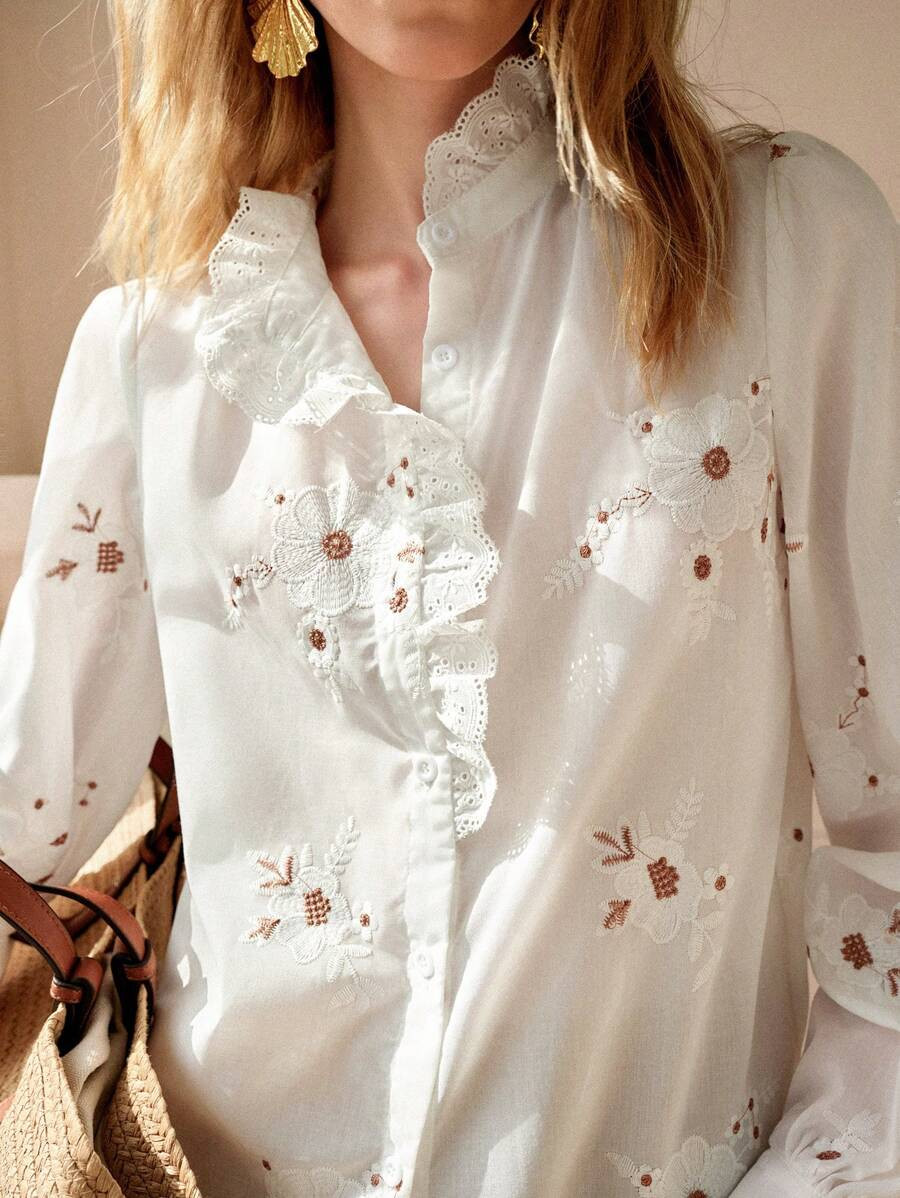 Écloséra French Casual Vacation Retro Stand Collar Lace Floral Pattern Slit Long Sleeve Autumn ... | SHEIN