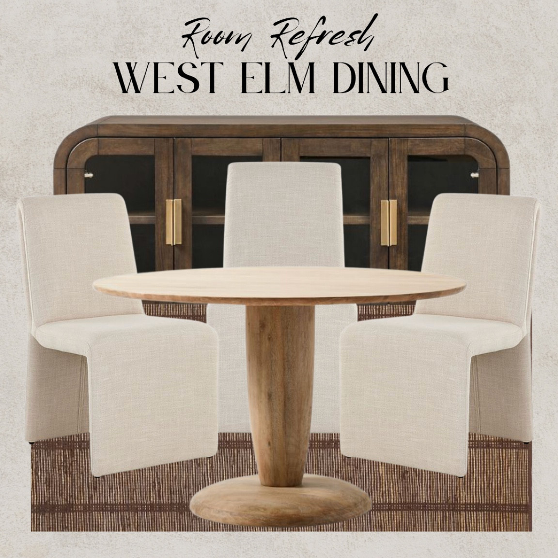 Dining room refresh from West Elm. Upholstered dining chairs, oak wood round dining table, jute rug, brown rug, striped rug, pedestal dining table, brown sideboard walnut storage cabinet

#LTKU #LTKSeasonal #LTKhome