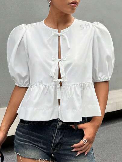 SHEIN EZwear Women White Woven Bow Tie Blouse Top - Short Sleeve | SHEIN USA | SHEIN