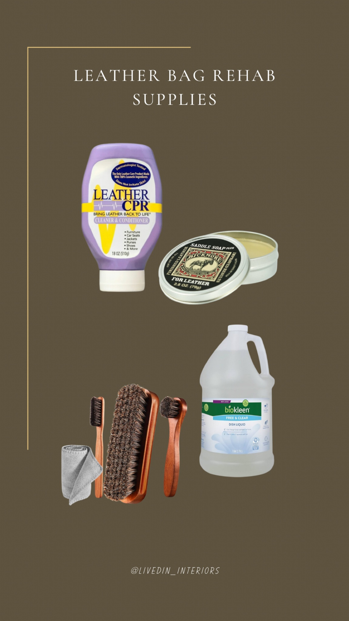 Leather bag rehab supplies: saddle, soap, gentle brushes, leather CPR and my dye free gentle soap!

#LTKFindsUnder50 #LTKStyleTip #LTKSeasonal