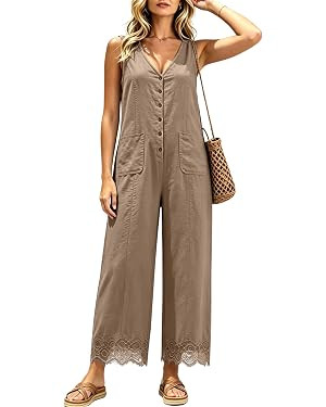 AMEBELLE Women Button Down Jumpsuits Sleeveless Overalls V Neck Wide Leg Flowy Rompers with Pocke... | Amazon (US)