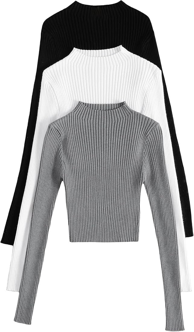 SHENHE Women's 3 Piece Mock Neck Long Sleeve Ribbed Knit Cropped Sweater Jumper Tops | Amazon (US)