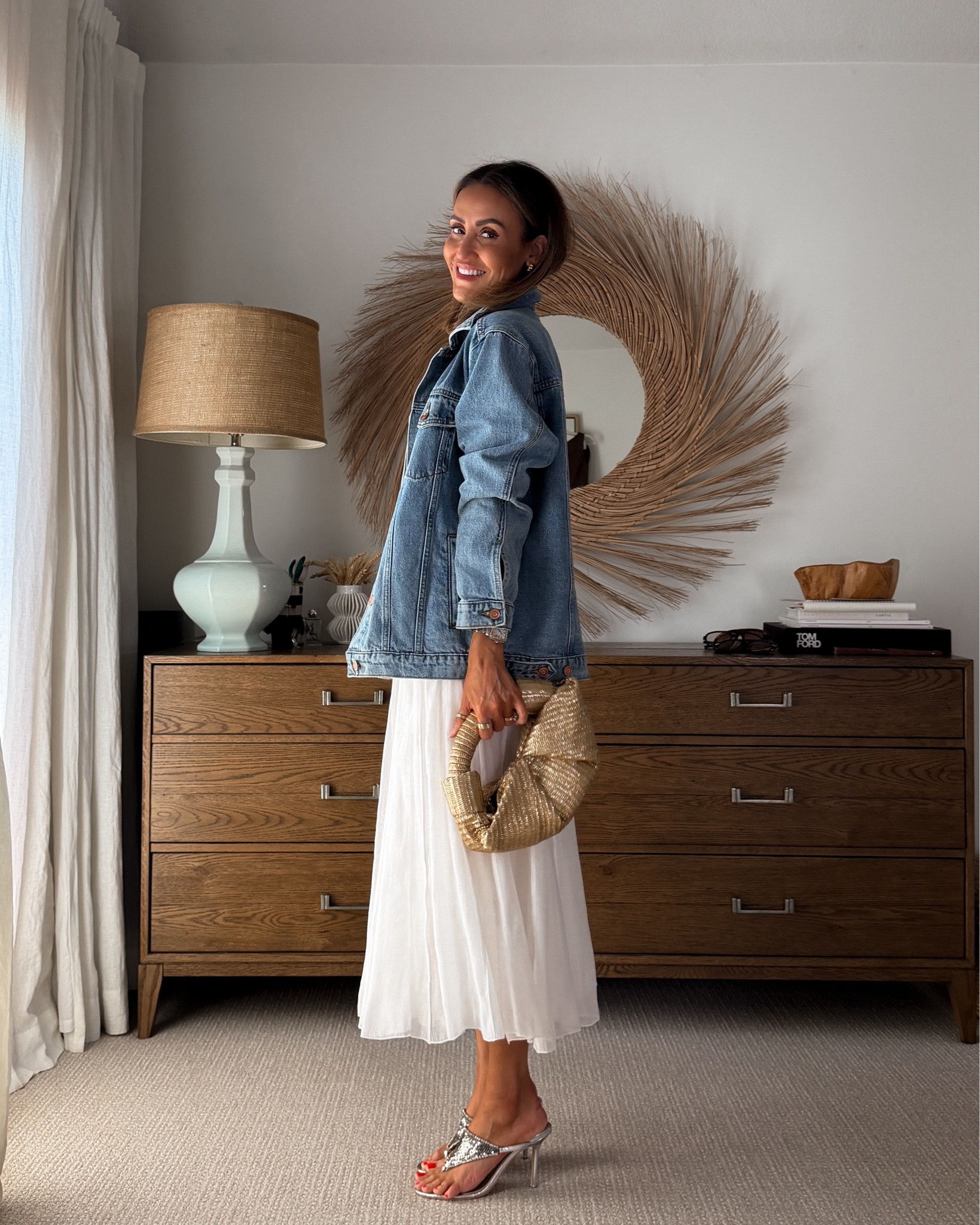 Gauzy cotton fluid midi skirt and think sweater paired with an oversized denim jacket, Zara pieces xs and jacket small

#LTKootd #LTKOver40