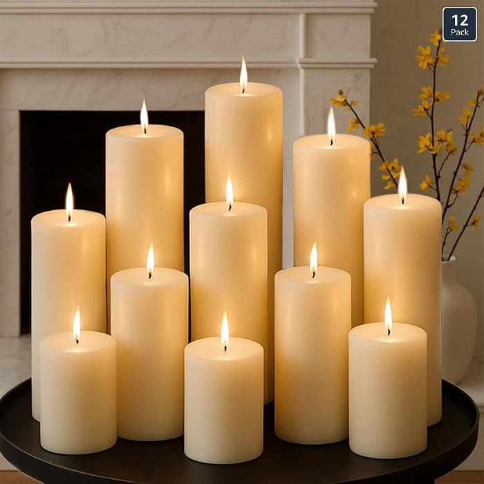 Ivory Pillar Candles Set, 12 Packs, 2.8 in x 4, 6, 8 Inch Assorted Size Unscented Pillar Candles ... | Amazon (US)