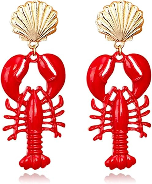 Red Lobster Crayfish Earrings for Women Fashion Ocean Shell Lobster Animals Dangle Earrings Hallo... | Amazon (US)