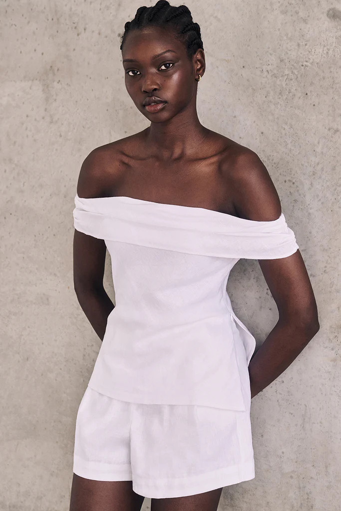 SADIE WHITE LINEN OFF SHOULDER TOP | DISSH