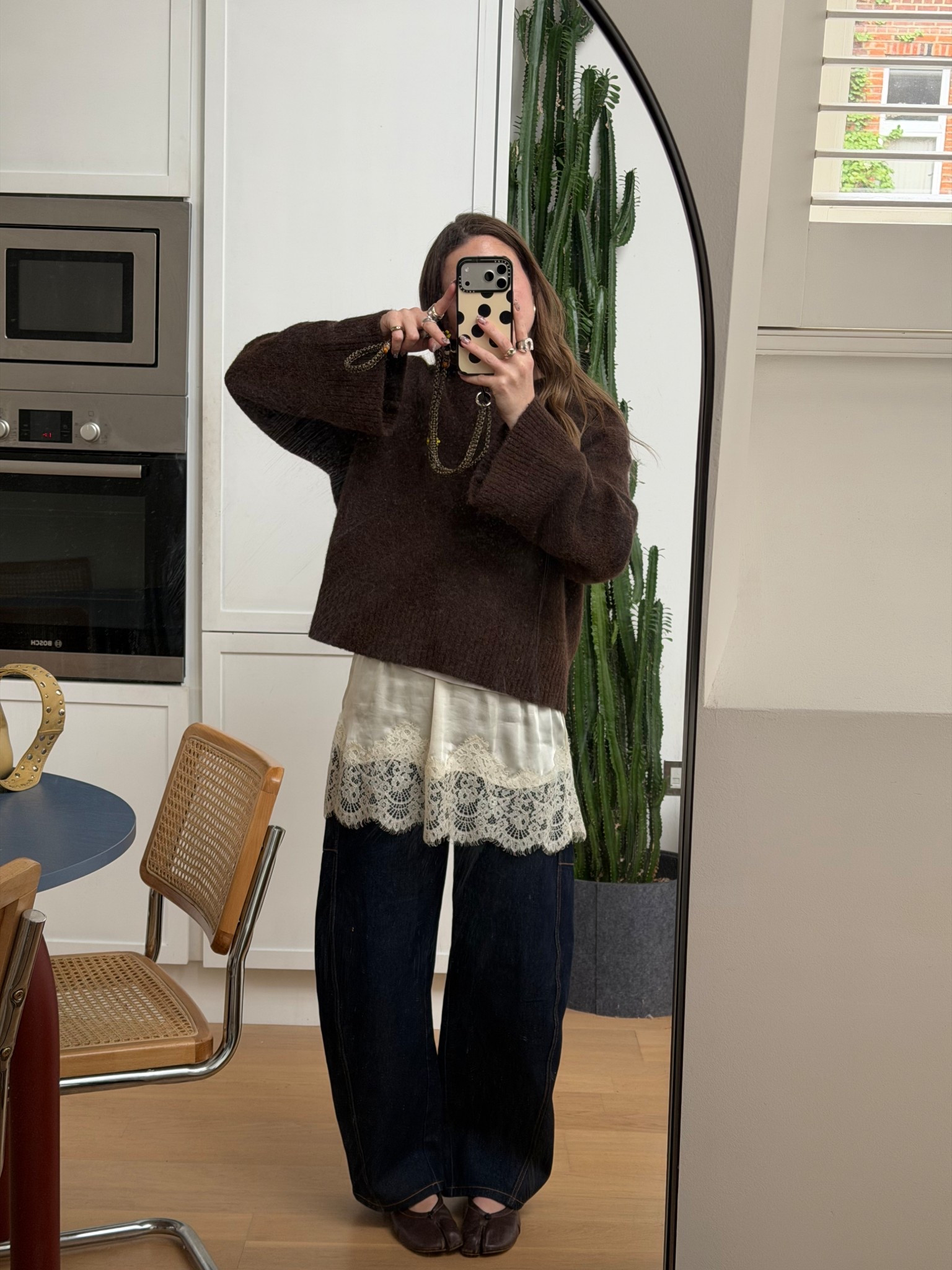 Spring outfit, brown jumper, lace mini skirt, free people skirt, indigo jeans, tabis 

#LTKuk #LTKspring #LTKeurope