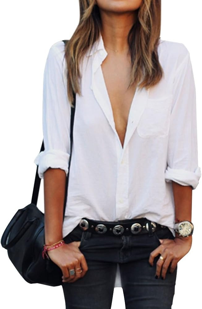 Women's OL Long Sleeve Casual Shirt Tops Button Down Blouse Slim Fit | Amazon (US)