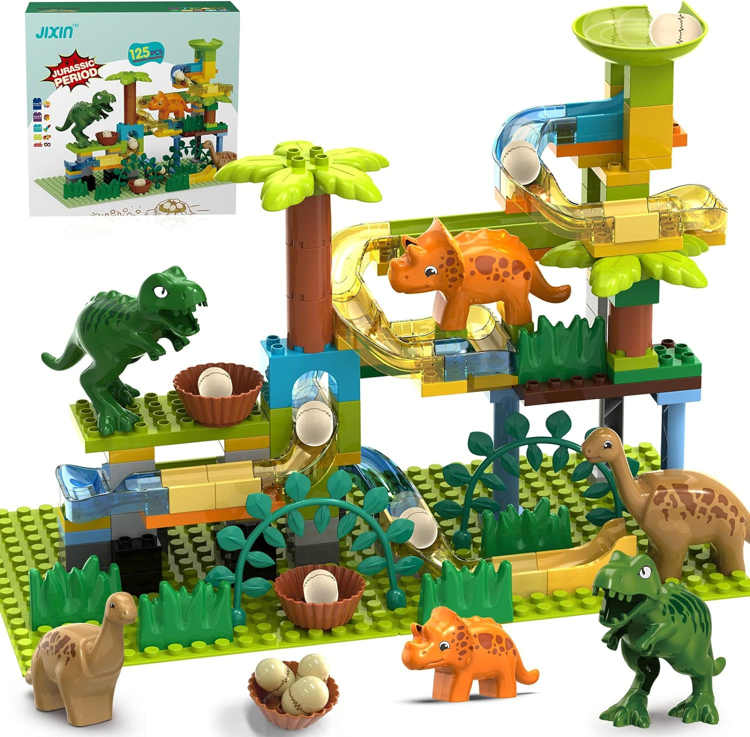 JIXIn Dinosaur Marble Run Building Blocks/Compatible with LEGO DUPLO/Dino Eggs Fun Marble Maze Bl... | Amazon (US)