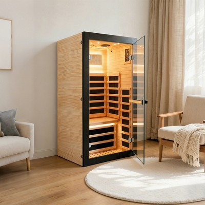GDFStudio Aline Modern 1050W Wood and Metal Single-Person Wellness Infrared Sauna Cabin with Glass Door, Brown | Target