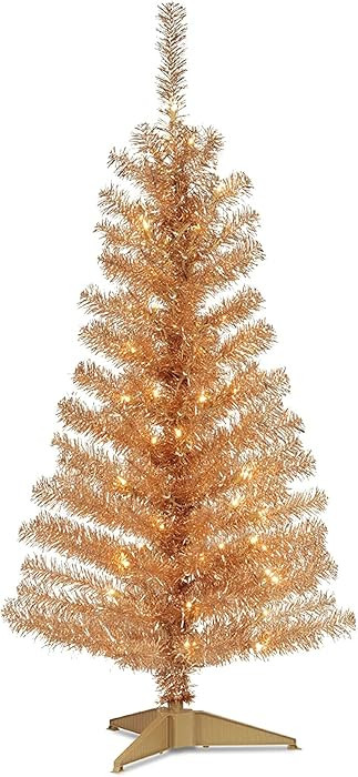 National Tree Company 4 ft Pre-Lit Champagne Gold Tinsel Mini Artificial Christmas Tree, 70 Clear... | Amazon (US)